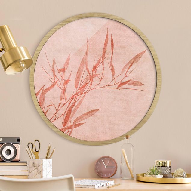 Rundes Gerahmtes Bild - Goldene Sonne mit Rosa Bambus