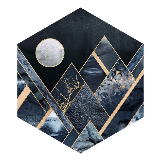 Hexagon Mustertapete selbstklebend - Goldener Mond abstrakte schwarze Berge