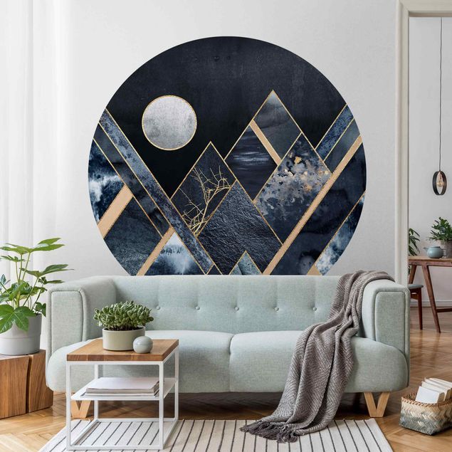 Runde Tapete selbstklebend - Goldener Mond abstrakte schwarze Berge