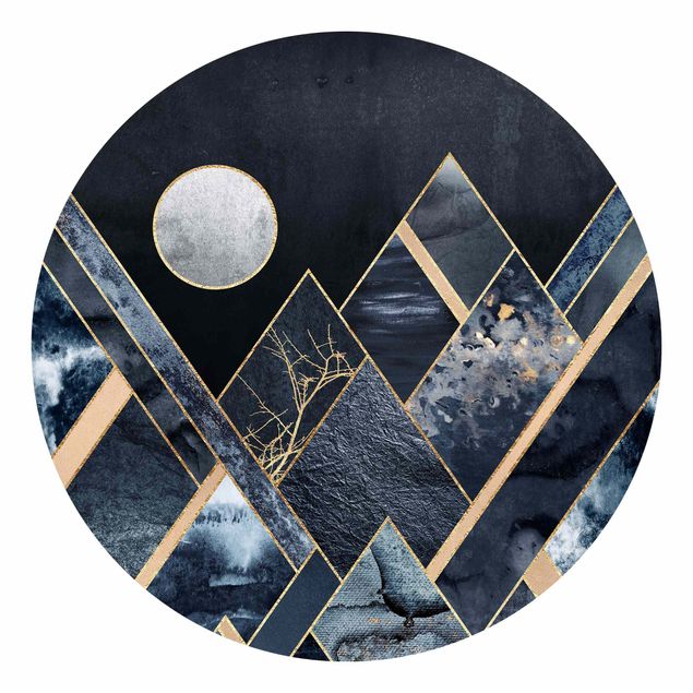 Runde Tapete selbstklebend - Goldener Mond abstrakte schwarze Berge