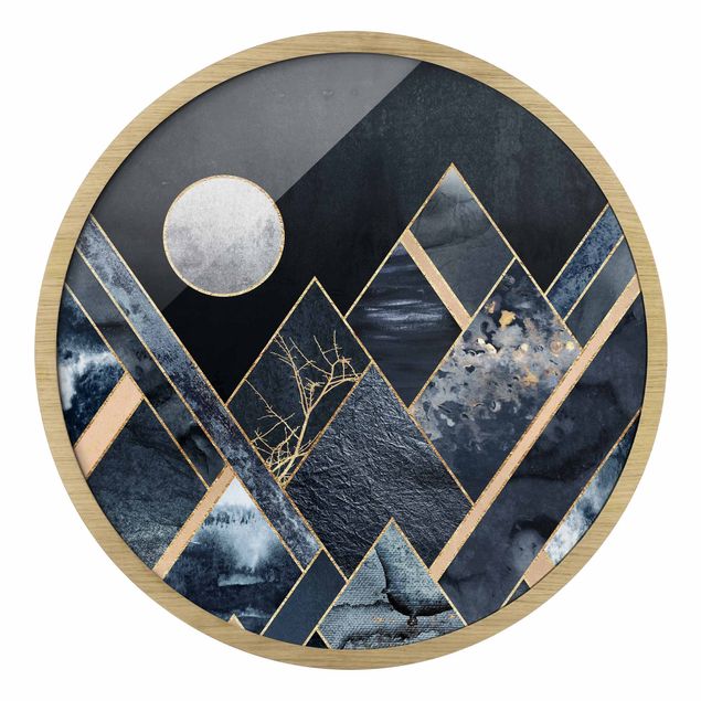 Rundes Gerahmtes Bild - Goldener Mond abstrakte schwarze Berge