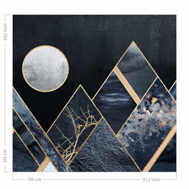 Fenster Vorhang Goldener Mond abstrakte schwarze Berge