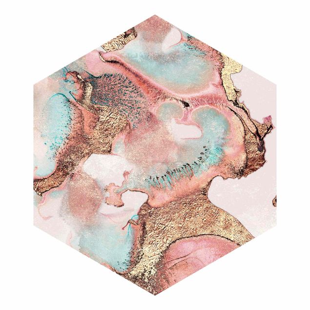 Hexagon Mustertapete selbstklebend - Goldenes Aquarell Rosé