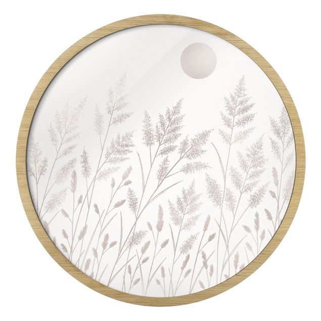 Rundes Gerahmtes Bild - Gräser und Mond in Silber