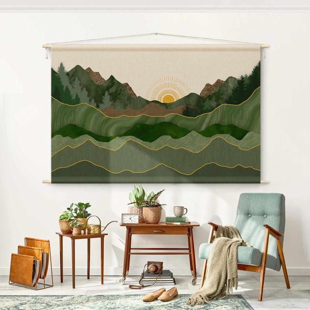 Wandteppich Wald Grafische Landschaft mit Sonne