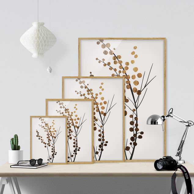 Bild mit Rahmen - Grafische Pflanzenwelt - Beeren Gold - Hochformat