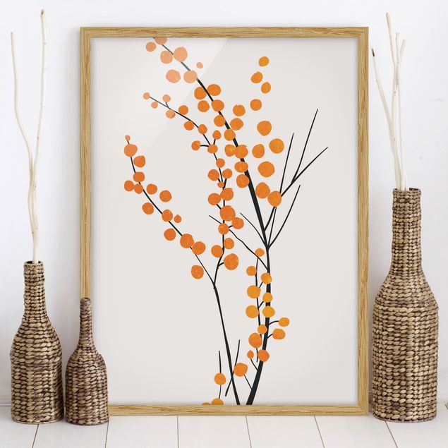 Bild mit Rahmen - Grafische Pflanzenwelt - Beeren Orange - Hochformat