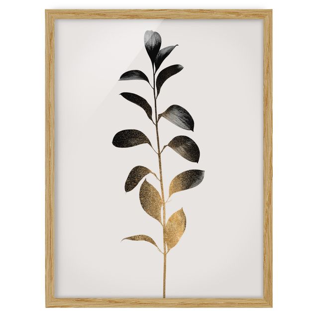 Bild mit Rahmen - Grafische Pflanzenwelt - Gold und Grau - Hochformat