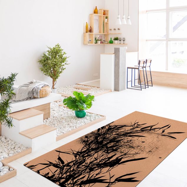 Schwarz-weißer Teppich Grafische Pflanzenwelt - Schwarzer Bambus