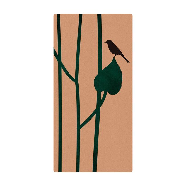 Kork-Teppich - Grafische Pflanzenwelt - Vogel auf Blatt - Hochformat 1:2