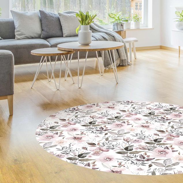 Moderne Teppiche Graue Blätter mit Aquarell Blumen