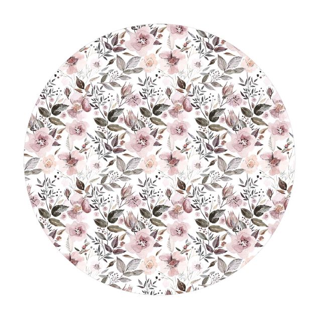 Runder Vinyl-Teppich - Graue Blätter mit Aquarell Blumen