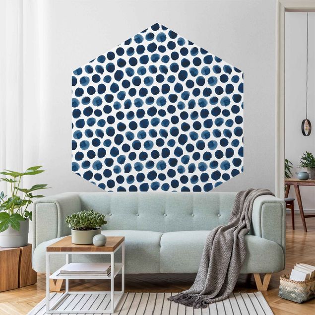 Hexagon Mustertapete selbstklebend - Große Aquarell Polkadots in Indigo