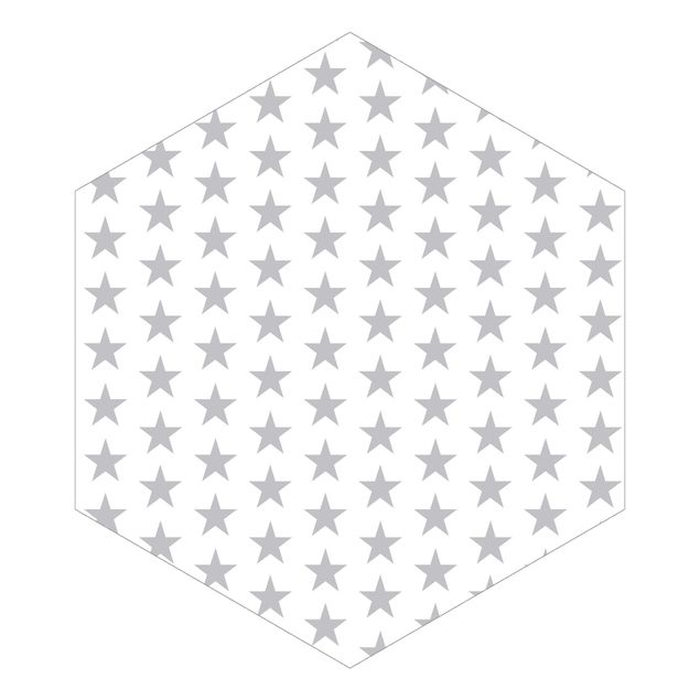 Hexagon Mustertapete selbstklebend - Große graue Sterne auf Weiß