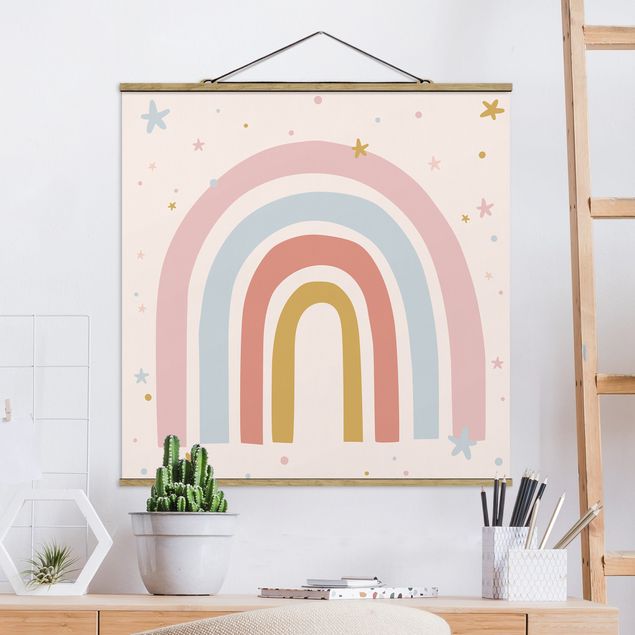 Stoffbild mit Posterleisten - Großer Regenbogen mit Sternen und Pünktchen - Quadrat 1:1