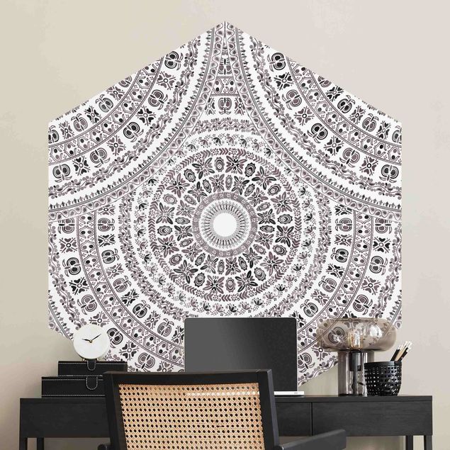 Hexagon Mustertapete selbstklebend - Großes Boho Mandala in Braunschwarz