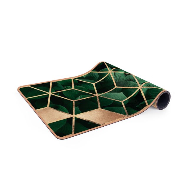 Yogamatte Kork - Grüne Blätter goldene Geometrie