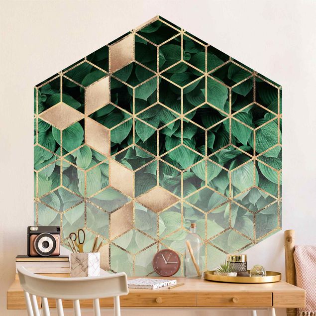 Hexagon Mustertapete selbstklebend - Grüne Blätter goldene Geometrie