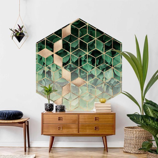 Hexagon Mustertapete selbstklebend - Grüne Blätter goldene Geometrie