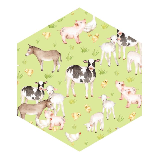 Hexagon Mustertapete selbstklebend - Grüne Wiese mit Kühen und Hühnern