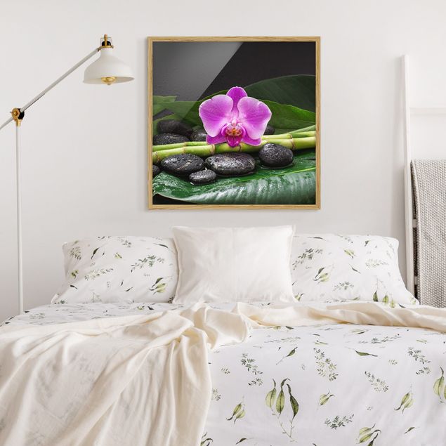 Bild mit Rahmen - Grüner Bambus mit Orchideenblüte - Quadrat 1:1