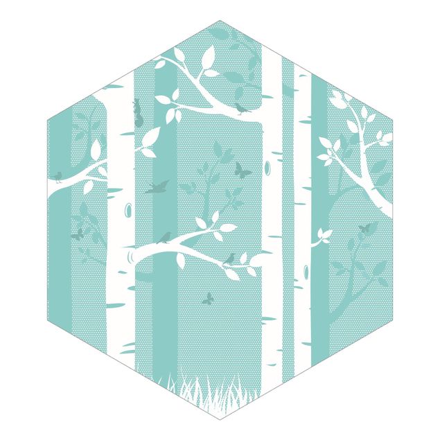 Hexagon Mustertapete selbstklebend - Grüner Birkenwald mit Schmetterlingen und Vögel