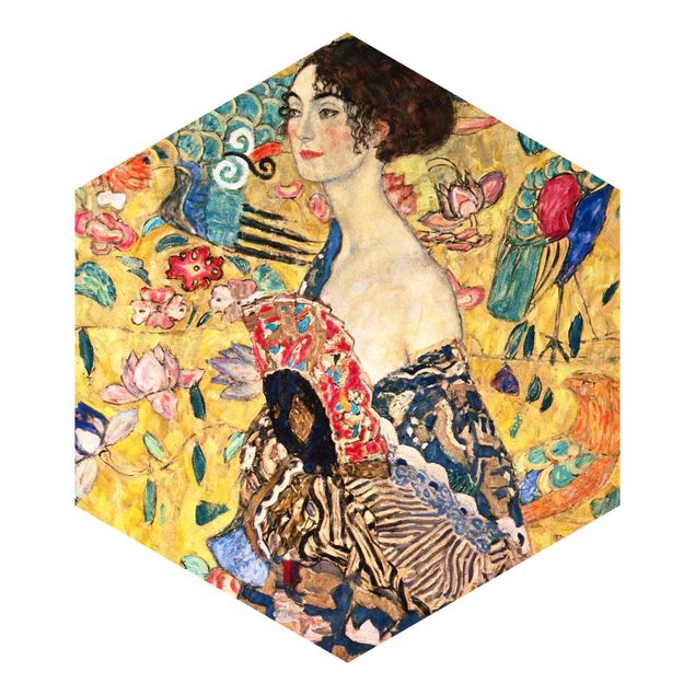 Hexagon Mustertapete selbstklebend - Gustav Klimt - Dame mit Fächer