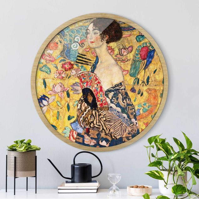 Rundes Gerahmtes Bild - Gustav Klimt - Dame mit Fächer
