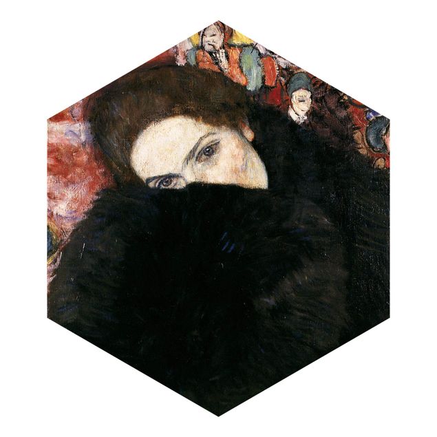 Hexagon Mustertapete selbstklebend - Gustav Klimt - Dame mit Muff