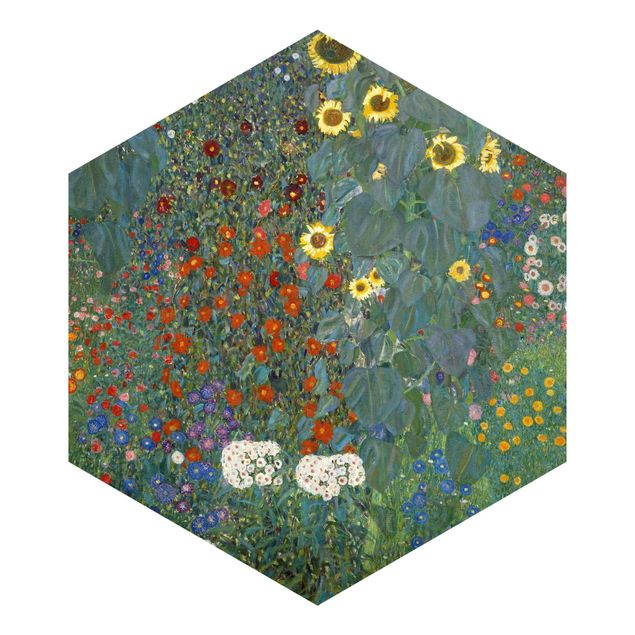 Hexagon Mustertapete selbstklebend - Gustav Klimt - Garten Sonnenblumen
