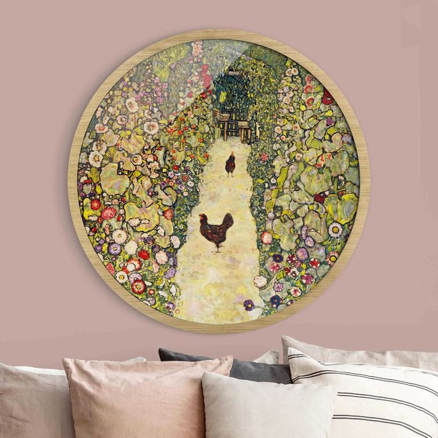 Rundes Gerahmtes Bild - Gustav Klimt - Gartenweg mit Hühnern
