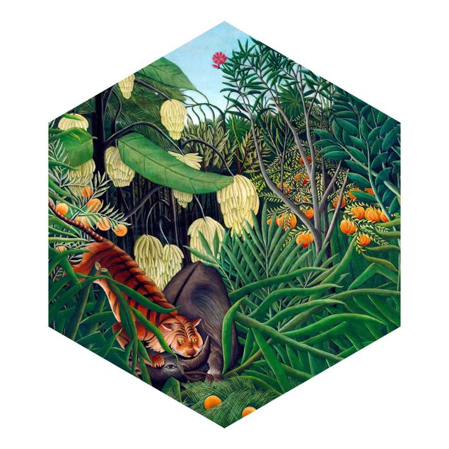 Hexagon Mustertapete selbstklebend - Henri Rousseau - Kampf zwischen Tiger und Büffel