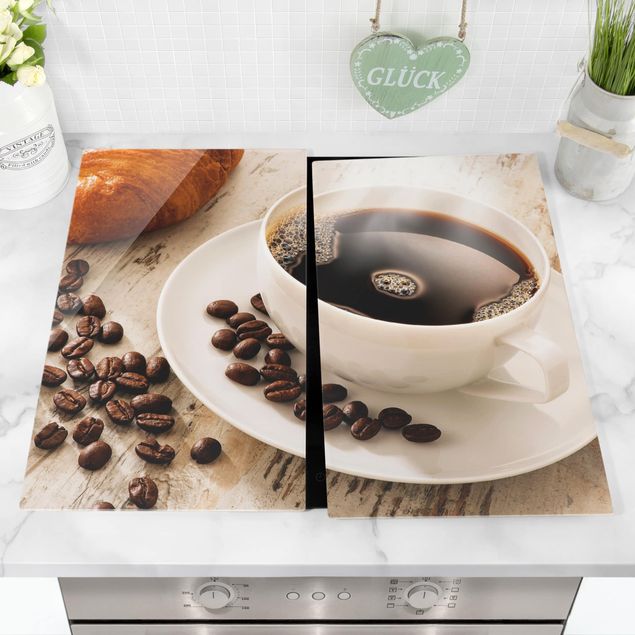 Herdabdeckplatte Glas - Dampfende Kaffeetasse mit Kaffeebohnen