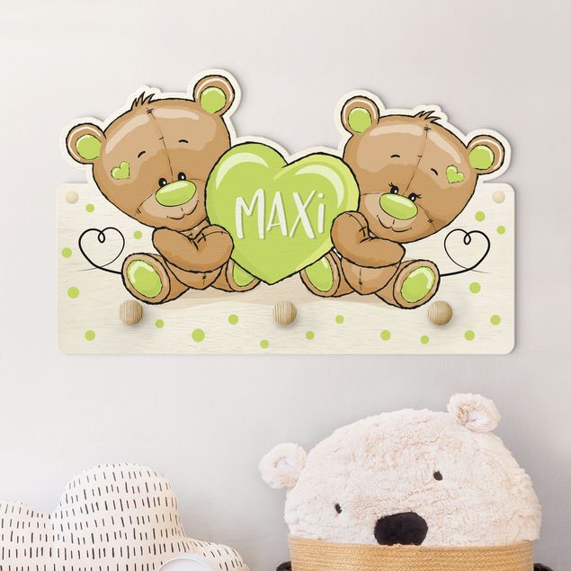 Kindergarderobe Holz - Herz Bären mit Wunschnamen grün