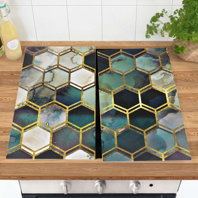 Herdabdeckplatte Glas - Hexagonträume Aquarell mit Gold