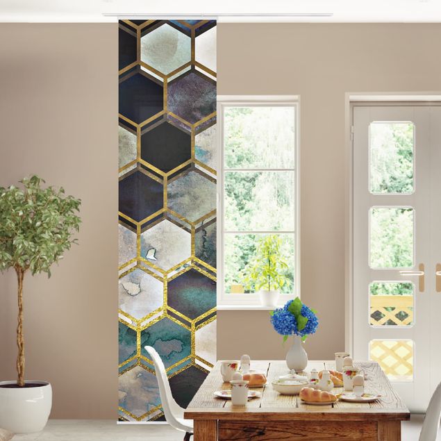 Schiebegardinen Set - Hexagonträume Aquarell mit Gold - Flächenvorhang