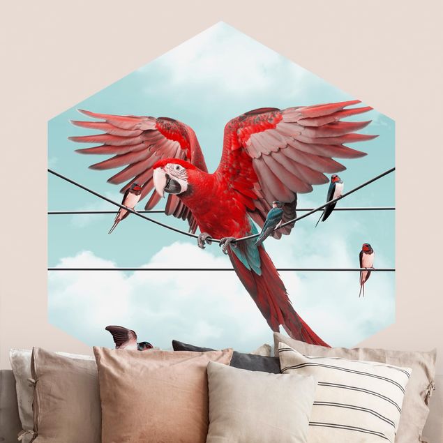 Hexagon Mustertapete selbstklebend - Himmel mit Vögeln