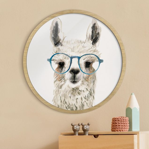 Rundes Gerahmtes Bild - Hippes Lama mit Brille III