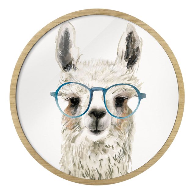 Rundes Gerahmtes Bild - Hippes Lama mit Brille III