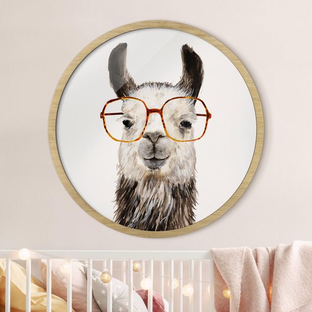 Rundes Gerahmtes Bild - Hippes Lama mit Brille IV