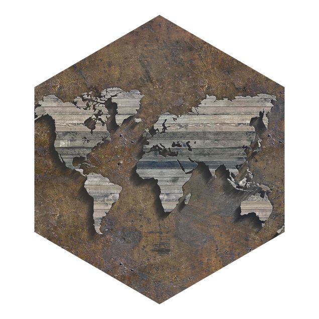 Hexagon Fototapete selbstklebend - Holz Rost Weltkarte