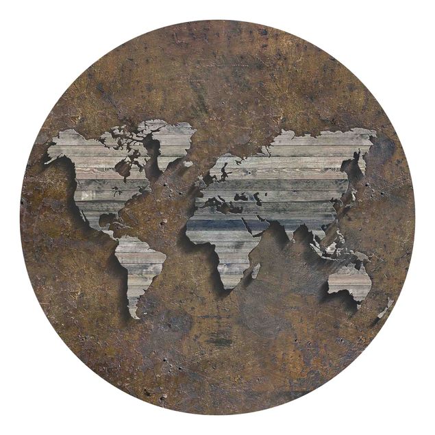 Runde Tapete selbstklebend - Holz Rost Weltkarte