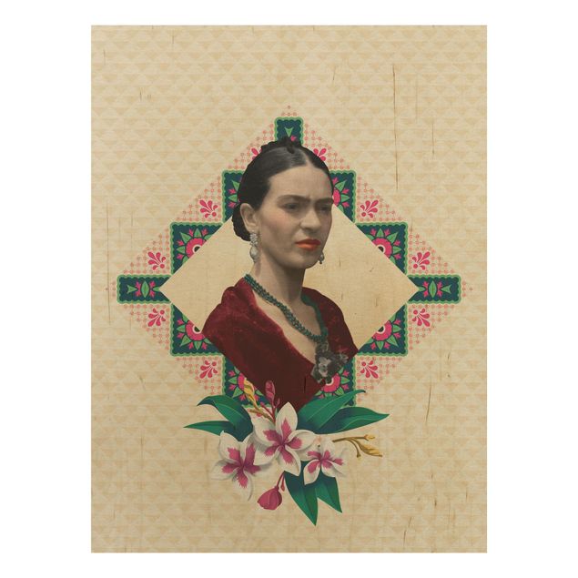 Holzbild -Frida Kahlo - Blumen und Geometrie- Hochformat 3:4