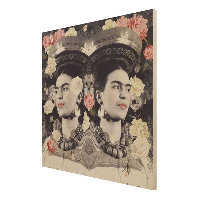 Holzbild -Frida Kahlo - Blumenflut- Quadrat 1:1