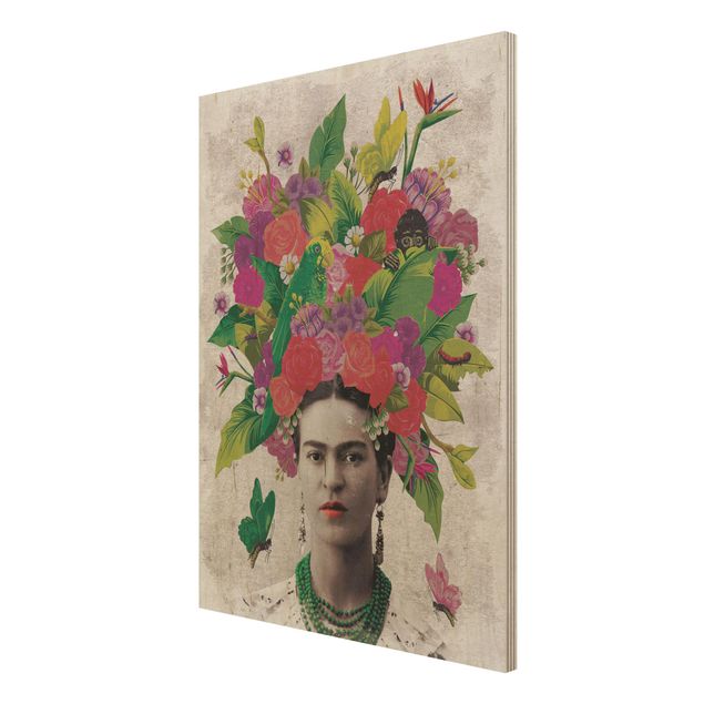 Holzbild -Frida Kahlo - Blumenportrait- Hochformat 3:4