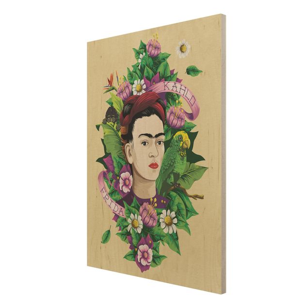 Holzbild -Frida Kahlo - Frida, Äffchen und Papagei- Hochformat 3:4