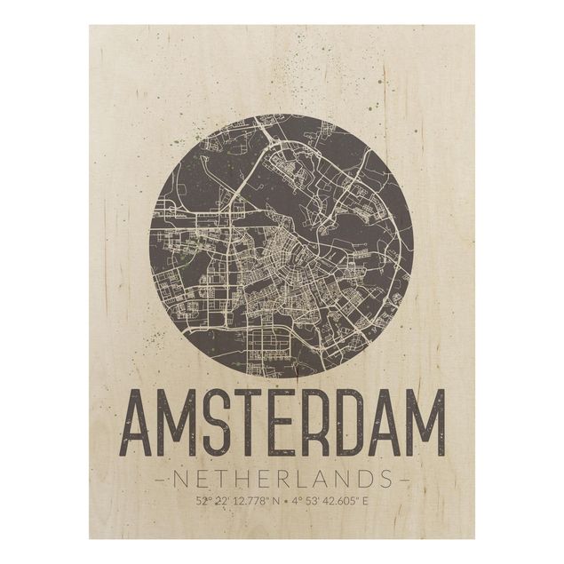 Holzbild -Stadtplan Amsterdam - Retro- Hochformat 3:4