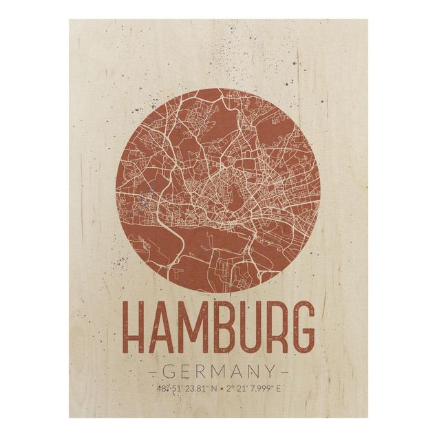 Holzbild -Stadtplan Hamburg - Retro- Hochformat 3:4