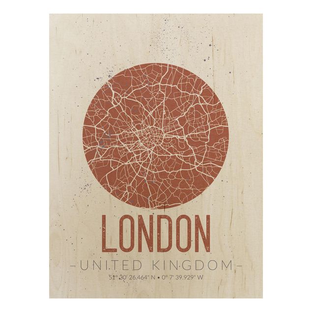 Holzbild -Stadtplan London - Retro- Hochformat 3:4