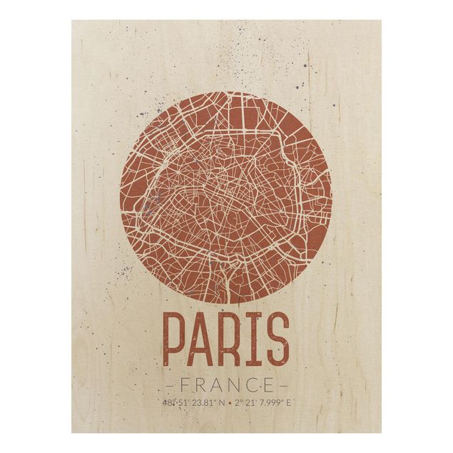 Holzbild -Stadtplan Paris - Retro- Hochformat 3:4
